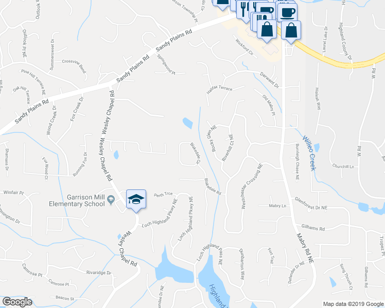 map of restaurants, bars, coffee shops, grocery stores, and more near 4579 Blakedale Circle in Roswell