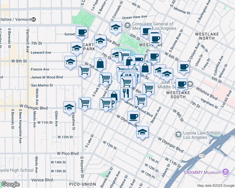 map of restaurants, bars, coffee shops, grocery stores, and more near 2121 James M Wood Boulevard in Los Angeles