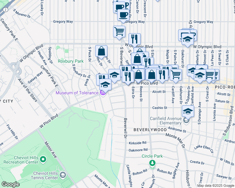 map of restaurants, bars, coffee shops, grocery stores, and more near 9725 Alcott Street in Los Angeles