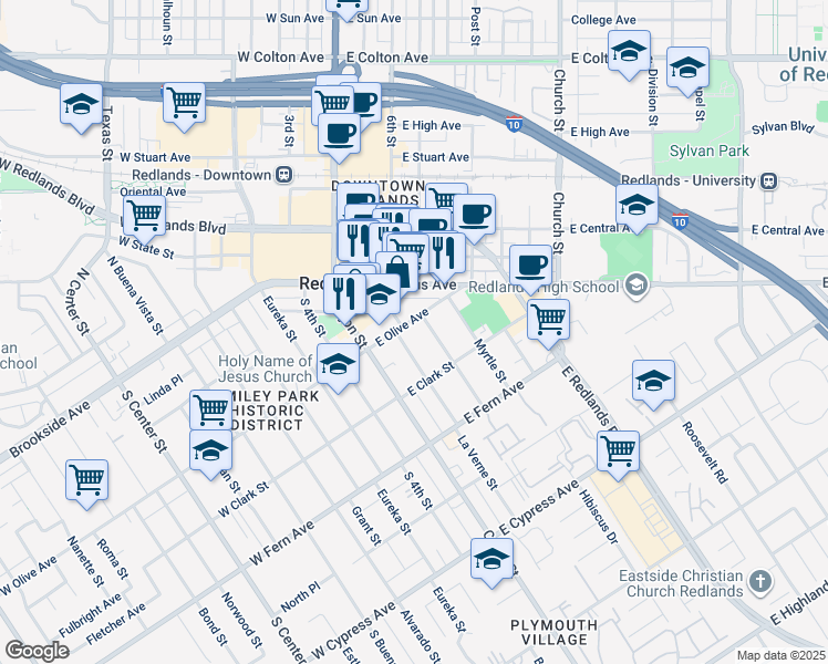 map of restaurants, bars, coffee shops, grocery stores, and more near 101 East Olive Avenue in Redlands