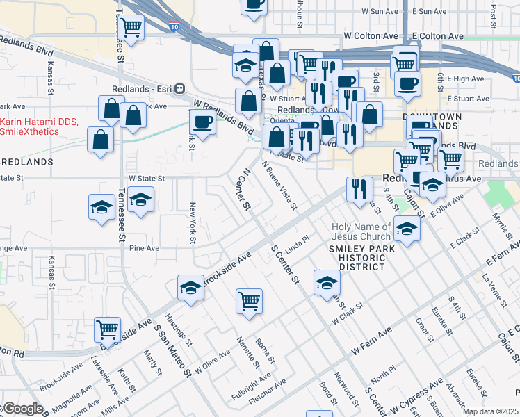 map of restaurants, bars, coffee shops, grocery stores, and more near 70 North Center Street in Redlands