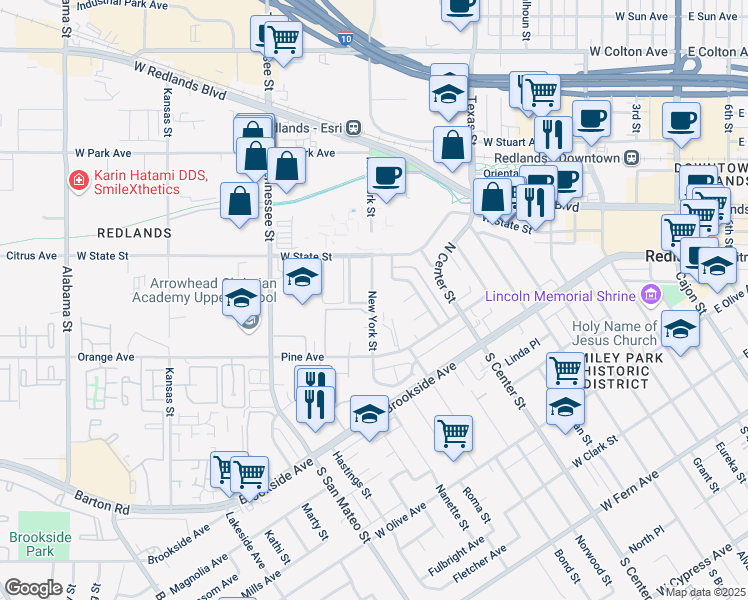 map of restaurants, bars, coffee shops, grocery stores, and more near 201 Tamarisk Street in Redlands