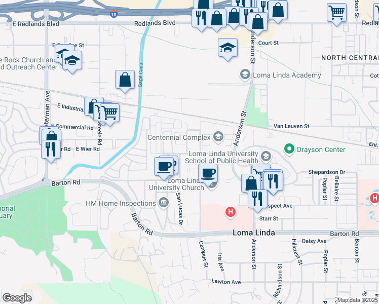 map of restaurants, bars, coffee shops, grocery stores, and more near 10972 Evans Street in Loma Linda