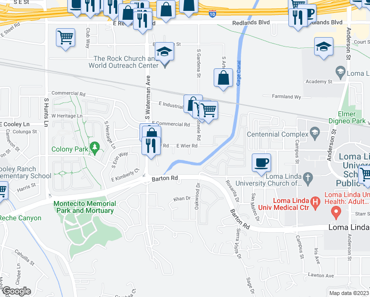 map of restaurants, bars, coffee shops, grocery stores, and more near 420 Wier Road in San Bernardino
