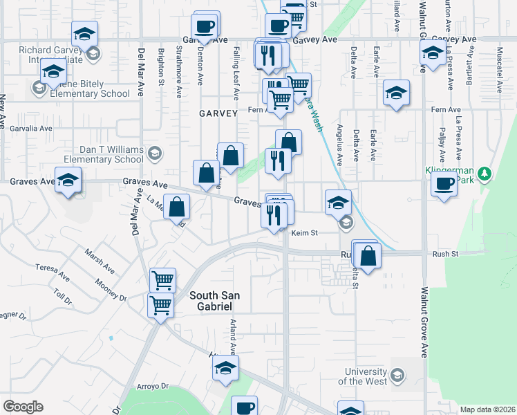 map of restaurants, bars, coffee shops, grocery stores, and more near 2312 Pine Street in Rosemead