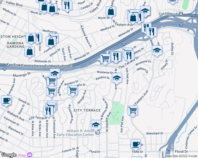 map of restaurants, bars, coffee shops, grocery stores, and more near 3959 Ramboz Drive in Los Angeles