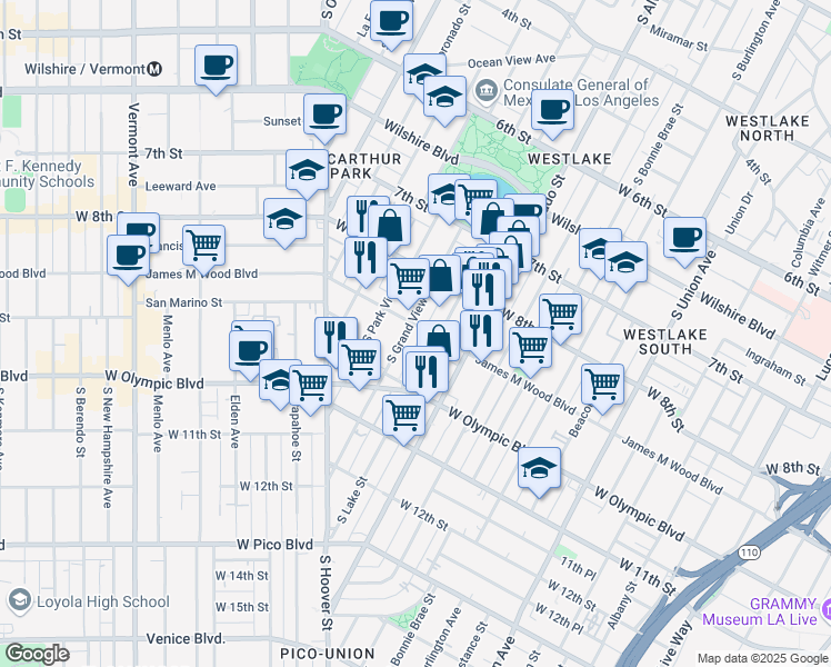 map of restaurants, bars, coffee shops, grocery stores, and more near 2301 James M Wood Boulevard in Los Angeles
