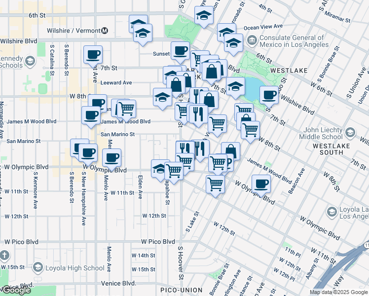 map of restaurants, bars, coffee shops, grocery stores, and more near 930 South Hoover Street in Los Angeles