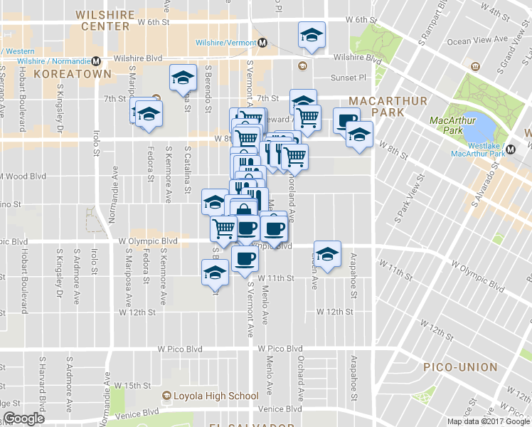map of restaurants, bars, coffee shops, grocery stores, and more near 938 Menlo Avenue in Los Angeles