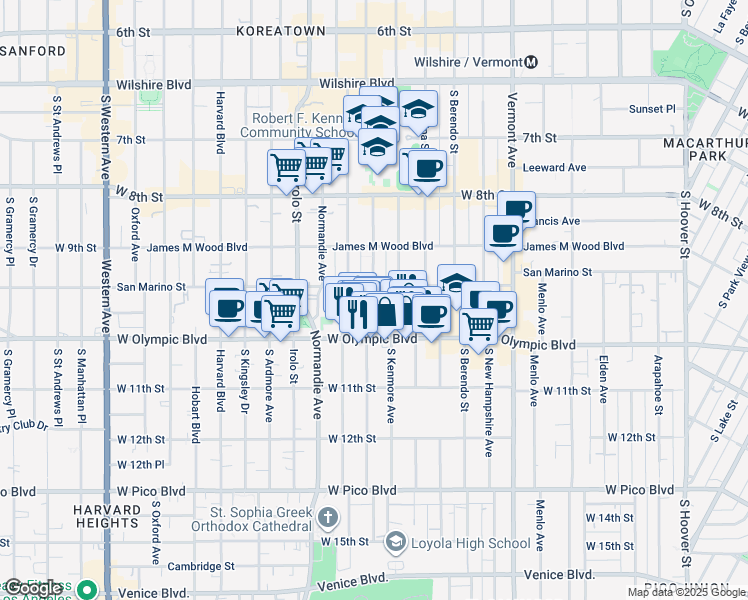 map of restaurants, bars, coffee shops, grocery stores, and more near 3096 San Marino Street in Los Angeles