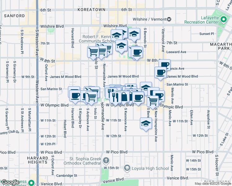 map of restaurants, bars, coffee shops, grocery stores, and more near 3096 San Marino Street in Los Angeles