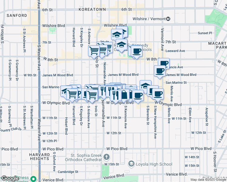 map of restaurants, bars, coffee shops, grocery stores, and more near 3152 San Marino Street in Los Angeles