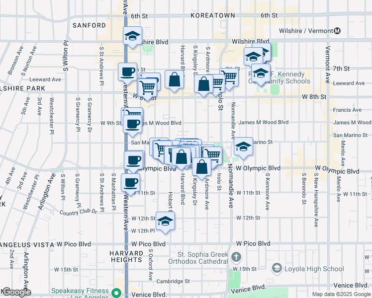 map of restaurants, bars, coffee shops, grocery stores, and more near 939 South Kingsley Drive in Los Angeles