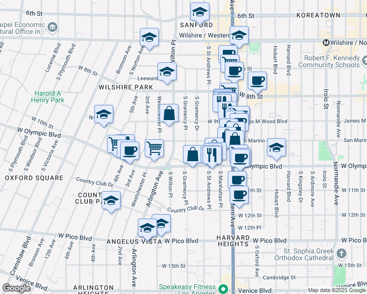 map of restaurants, bars, coffee shops, grocery stores, and more near 3717 San Marino Street in Los Angeles