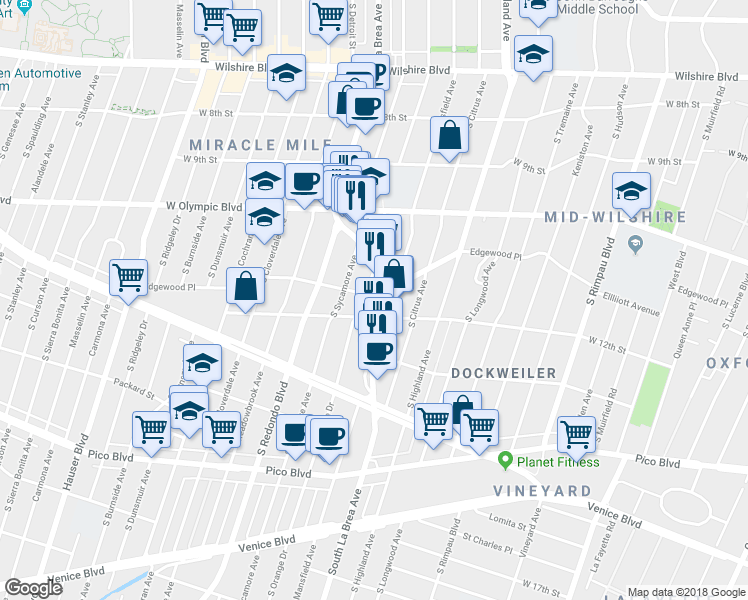 map of restaurants, bars, coffee shops, grocery stores, and more near in Los Angeles