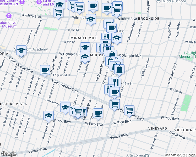 map of restaurants, bars, coffee shops, grocery stores, and more near 1101 South Redondo Boulevard in Los Angeles