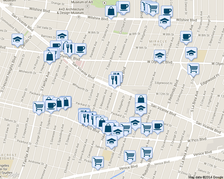 map of restaurants, bars, coffee shops, grocery stores, and more near 5669 West San Vicente Boulevard in Los Angeles