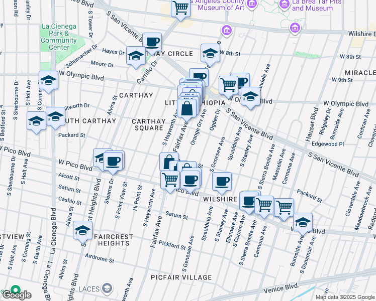 map of restaurants, bars, coffee shops, grocery stores, and more near 1134 South Fairfax Avenue in Los Angeles
