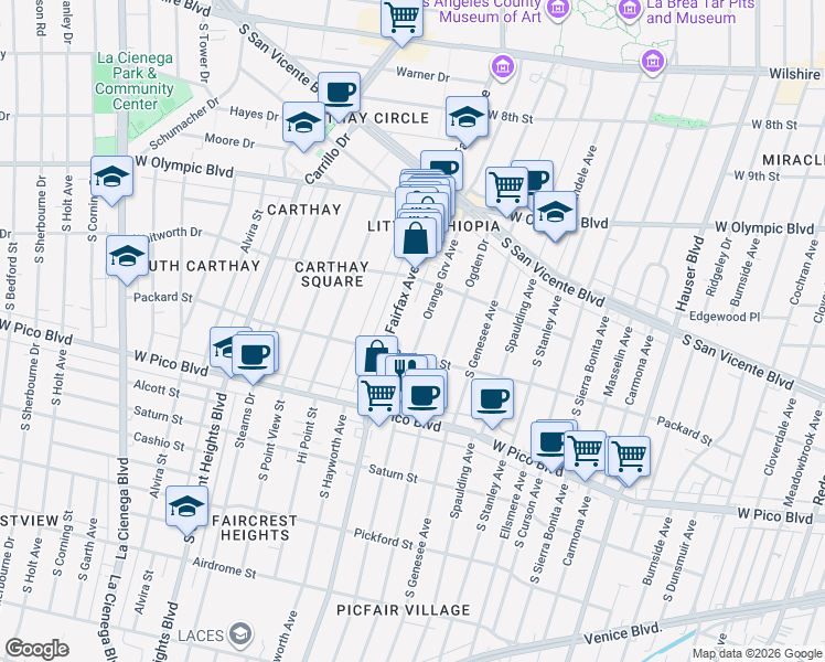 map of restaurants, bars, coffee shops, grocery stores, and more near 1134 South Fairfax Avenue in Los Angeles