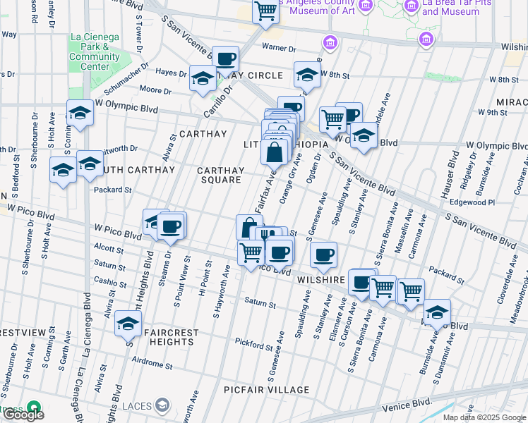 map of restaurants, bars, coffee shops, grocery stores, and more near 1134 South Fairfax Avenue in Los Angeles