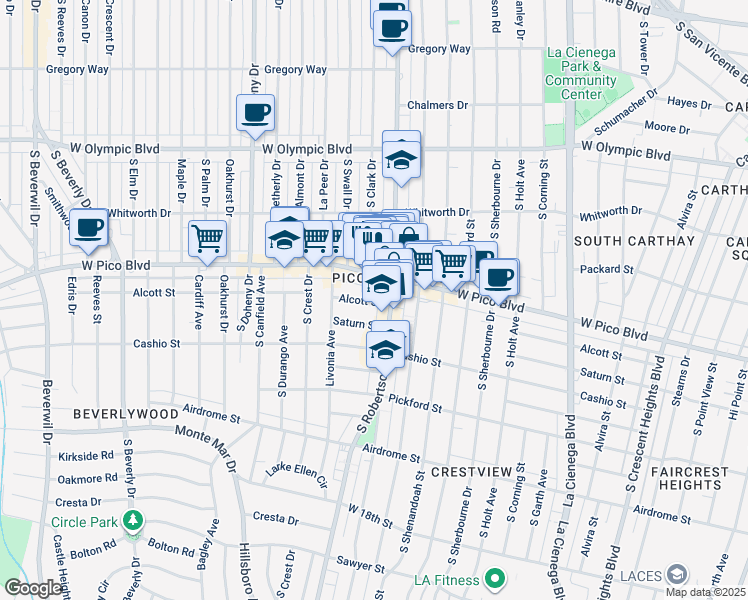 map of restaurants, bars, coffee shops, grocery stores, and more near 8826 West Pico Boulevard in Los Angeles