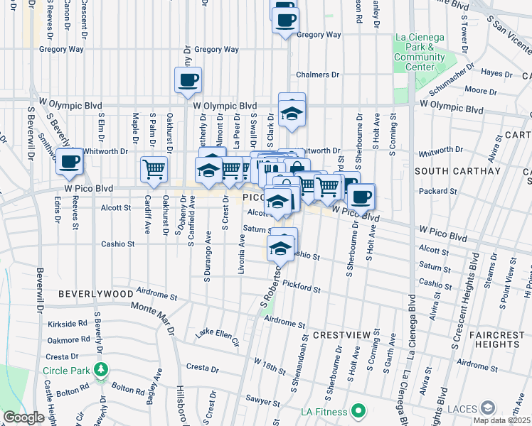 map of restaurants, bars, coffee shops, grocery stores, and more near 8826 West Pico Boulevard in Los Angeles