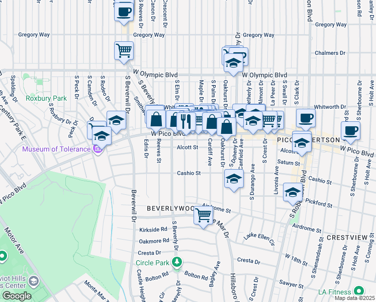 map of restaurants, bars, coffee shops, grocery stores, and more near 9315 Alcott Street in Los Angeles