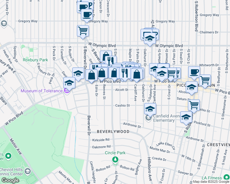 map of restaurants, bars, coffee shops, grocery stores, and more near 1418 South Beverly Drive in Los Angeles