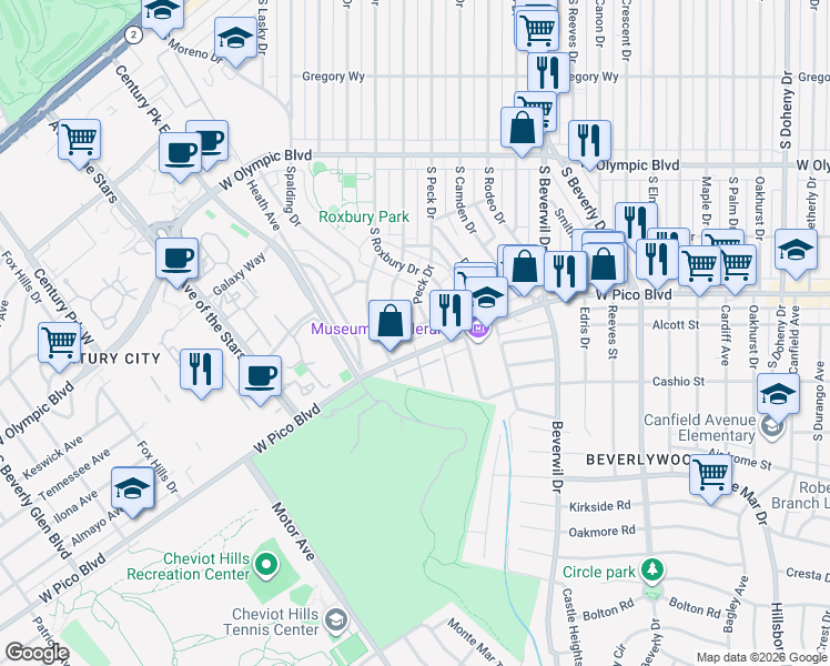 map of restaurants, bars, coffee shops, grocery stores, and more near 1239 Peck Drive in Los Angeles