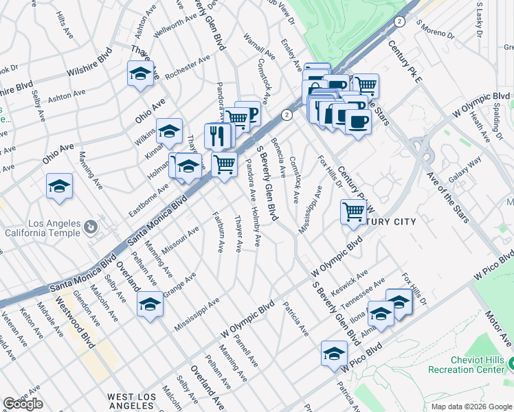 map of restaurants, bars, coffee shops, grocery stores, and more near 41 South Beverly Glen Boulevard in Los Angeles