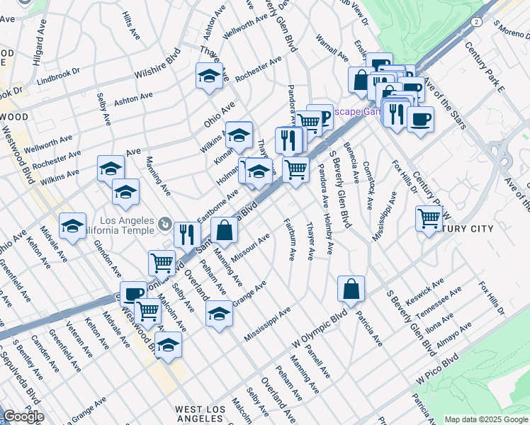 map of restaurants, bars, coffee shops, grocery stores, and more near 10540 1/2 California 2 in Los Angeles