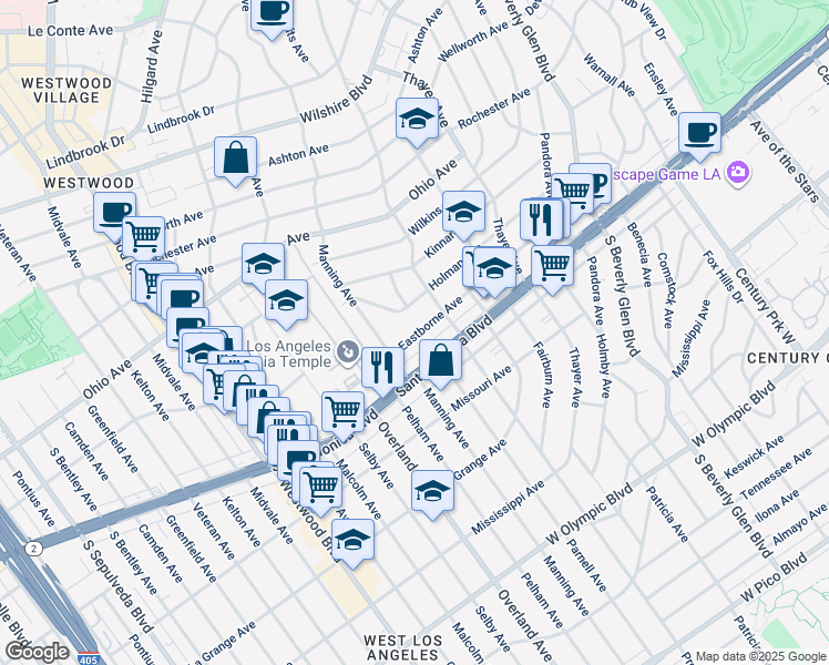 map of restaurants, bars, coffee shops, grocery stores, and more near 10617 Eastborne Avenue in Los Angeles