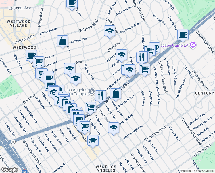 map of restaurants, bars, coffee shops, grocery stores, and more near 10617 Eastborne Avenue in Los Angeles