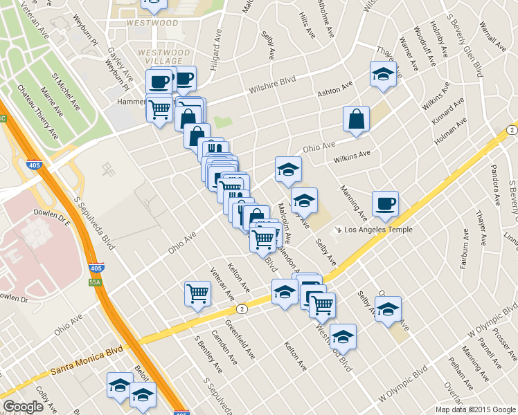 map of restaurants, bars, coffee shops, grocery stores, and more near 1527 Malcolm Avenue in Los Angeles