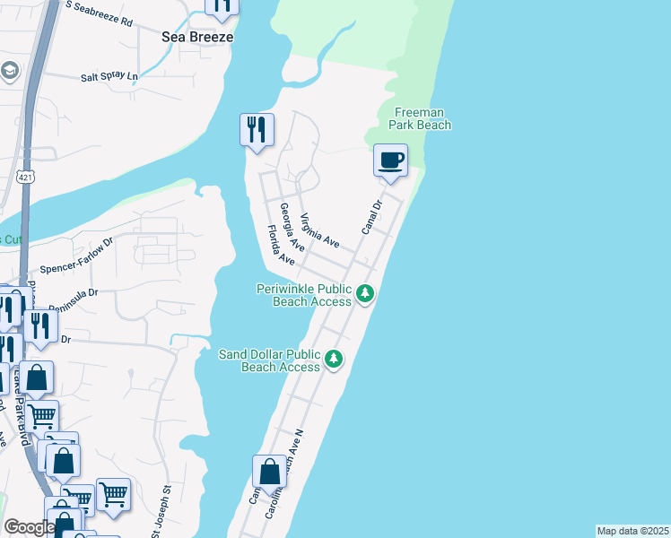 map of restaurants, bars, coffee shops, grocery stores, and more near 105 Virginia Avenue in Carolina Beach