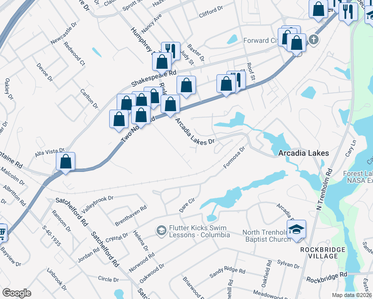map of restaurants, bars, coffee shops, grocery stores, and more near 18 Ward Court in Columbia