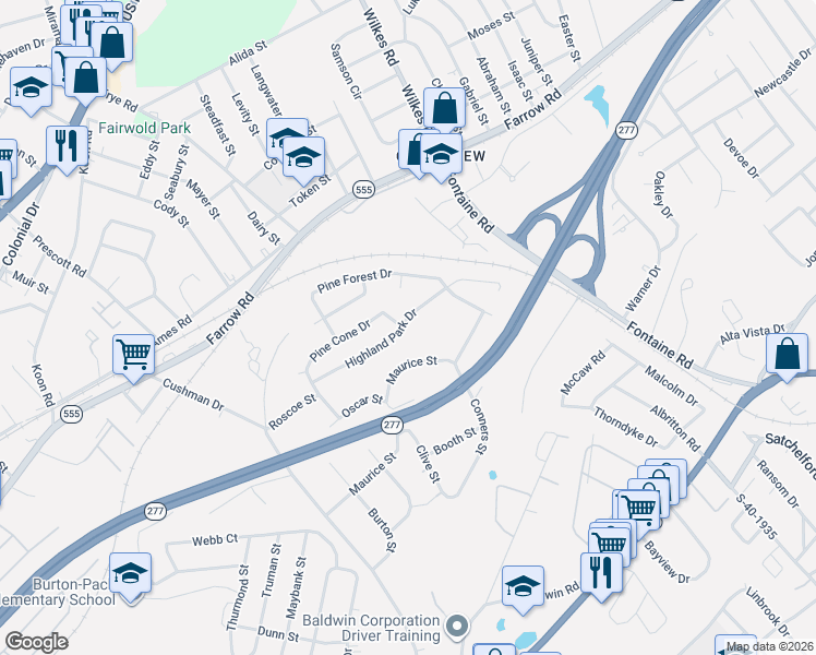 map of restaurants, bars, coffee shops, grocery stores, and more near 4105 Pine Cone Drive in Columbia