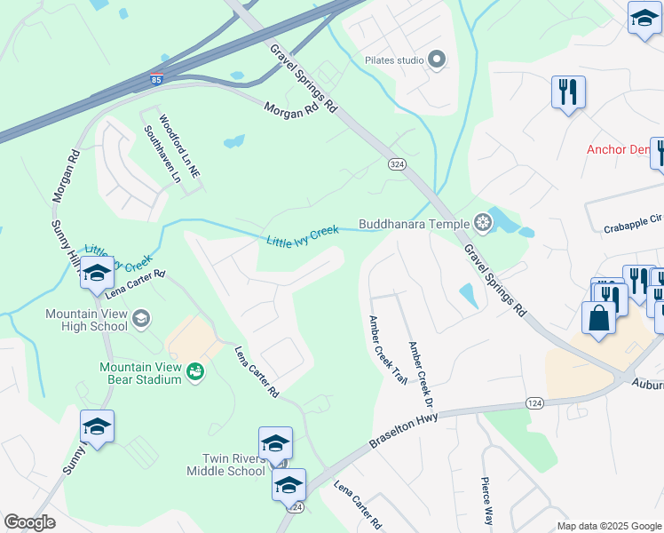 map of restaurants, bars, coffee shops, grocery stores, and more near 2523 Bancroft Way in Buford