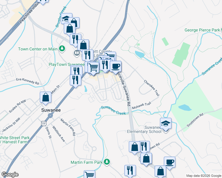map of restaurants, bars, coffee shops, grocery stores, and more near 346 Suwanee Avenue Northwest in Suwanee