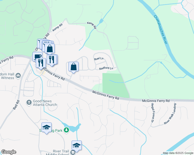 map of restaurants, bars, coffee shops, grocery stores, and more near 8265 Village Place in Suwanee