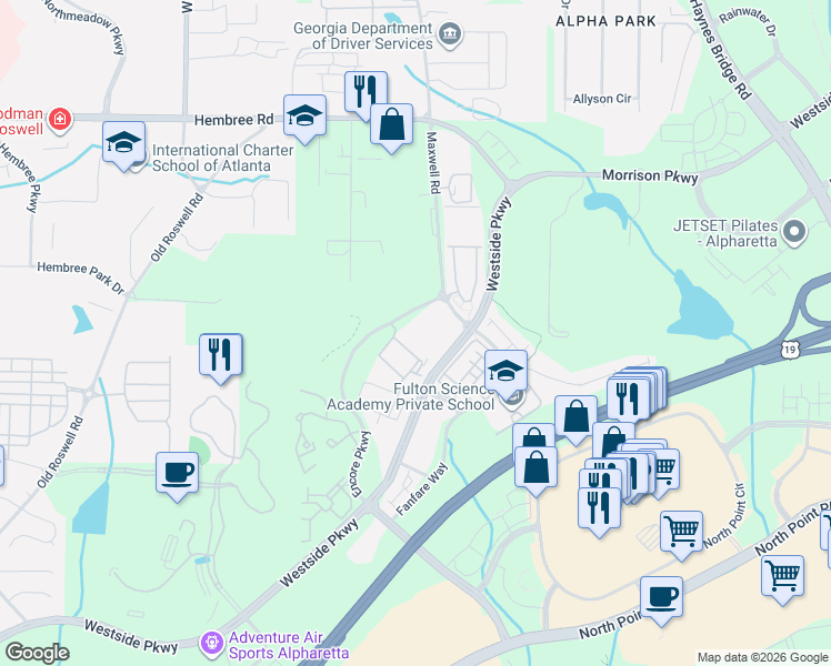 map of restaurants, bars, coffee shops, grocery stores, and more near 1975 Nocturne Drive in Alpharetta