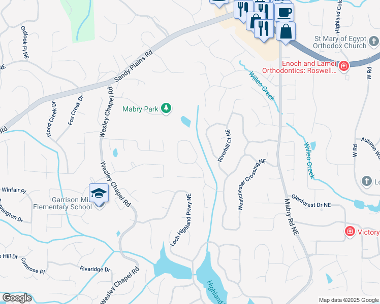 map of restaurants, bars, coffee shops, grocery stores, and more near 4579 Blakedale Circle in Roswell