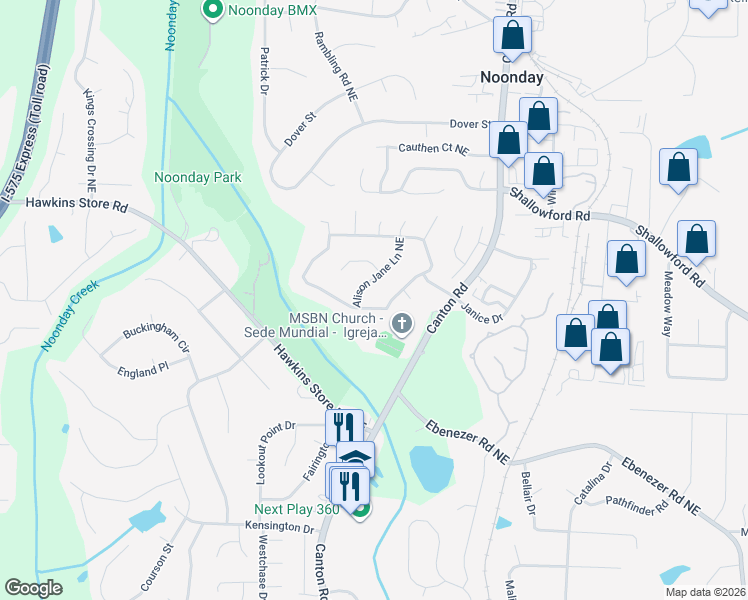 map of restaurants, bars, coffee shops, grocery stores, and more near 1455 Alison Jane Lane Northeast in Kennesaw