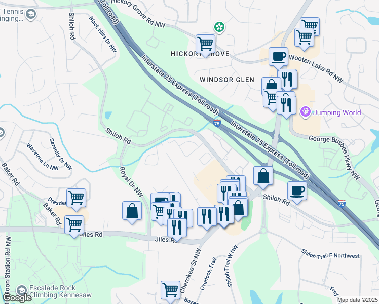 map of restaurants, bars, coffee shops, grocery stores, and more near 1602 Hemburg Trace in Kennesaw