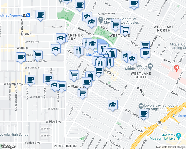 map of restaurants, bars, coffee shops, grocery stores, and more near 830 South Lake Street in Los Angeles