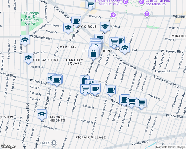 map of restaurants, bars, coffee shops, grocery stores, and more near 1134 South Fairfax Avenue in Los Angeles