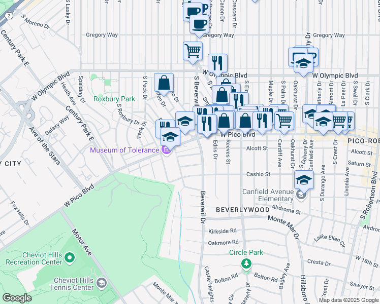 map of restaurants, bars, coffee shops, grocery stores, and more near 9725 Alcott Street in Los Angeles