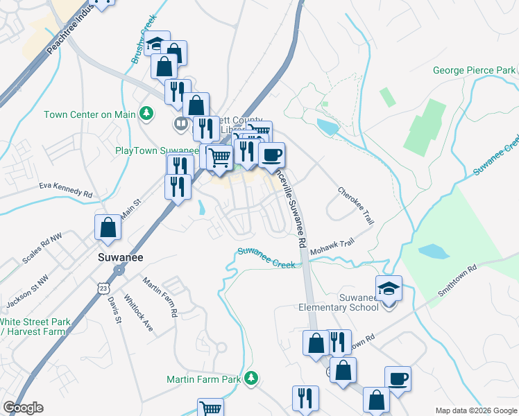 map of restaurants, bars, coffee shops, grocery stores, and more near 346 Suwanee Avenue Northwest in Suwanee