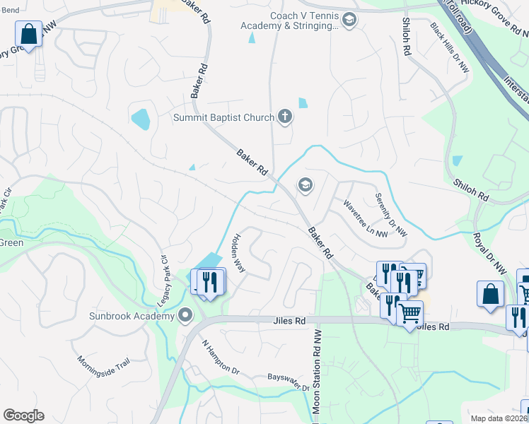 map of restaurants, bars, coffee shops, grocery stores, and more near 2306 Baker Station Drive in Acworth