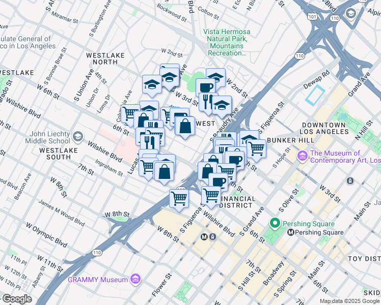 map of restaurants, bars, coffee shops, grocery stores, and more near 1136 West 5th Street in Los Angeles